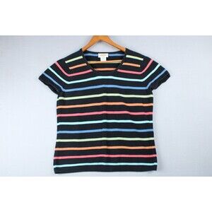 Vintage Talbots Women Top Large Black Multi Color Striped Short Sleeve U Neck